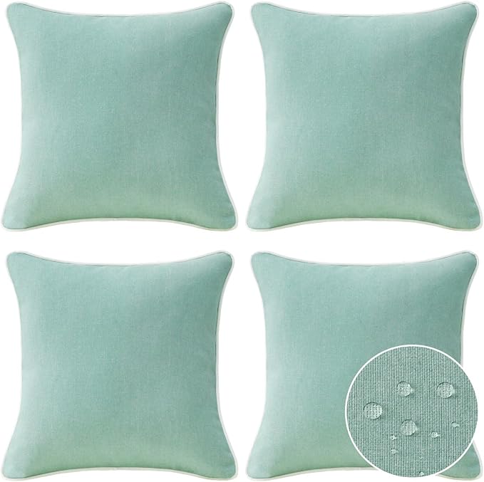 Unimatta Decorative Outdoor Water Repellent Throw Pillows with Inserts, Set of 4, 16" x16" Pillows for Patio, Backyard, Bed, Couch, and Patio Furniture, Aqua Green