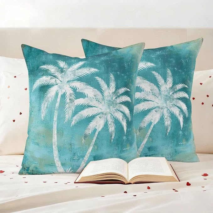 Coastal Beach Tree Teal Outdoor Waterproof Pillow Covers, Tropical Botanical Decorative Square Throw Pillowcase, Palm Tree Vintage Sofa Cushion Sham for Patio/Couch/Chair, 24"x24" 2 Pack