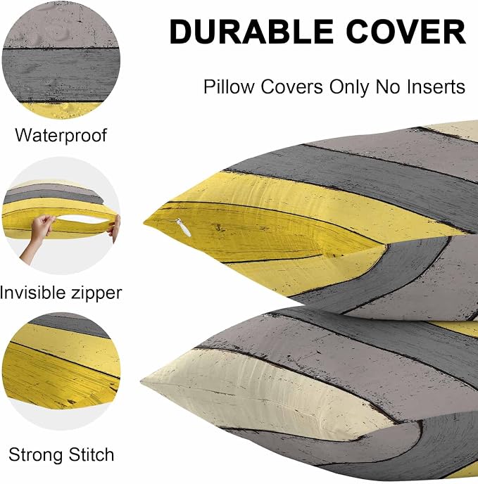 Outdoor Throw Pillow Covers 16X16 Set of 2 Waterproof Ombre Lemon Yellow and Gray Decorative Zippered Cushion Covers for Patio Furniture, Farmhouse Retro Rustic Barn Wood Texture Lumbar Pillowcases