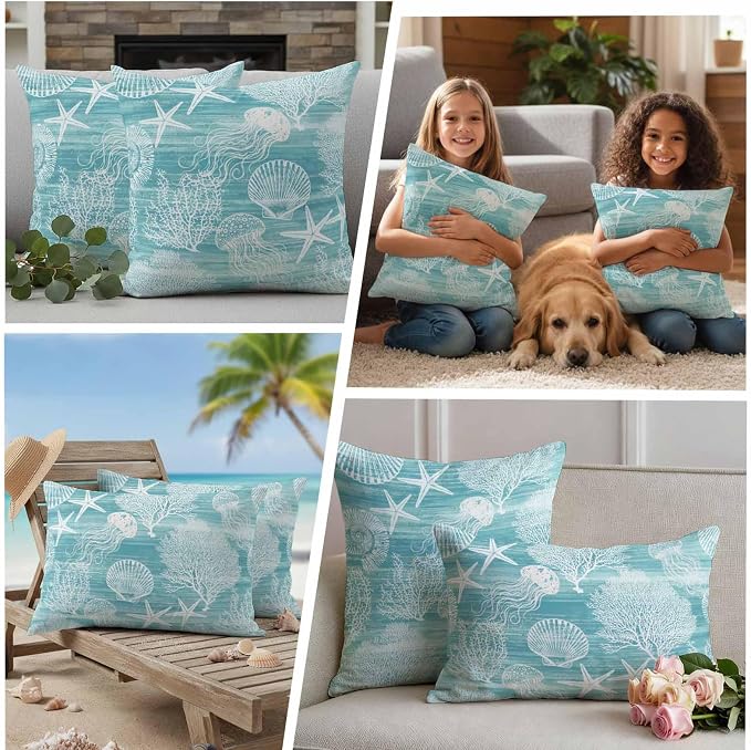 Teal Coastal Outdoor Waterproof Throw Pillow Covers Set of 2, 16"x16", Nautical Starfish Jellyfish Coral Summer Decorative Pillow Covers Outside Cushion Case for Patio Porch Garden