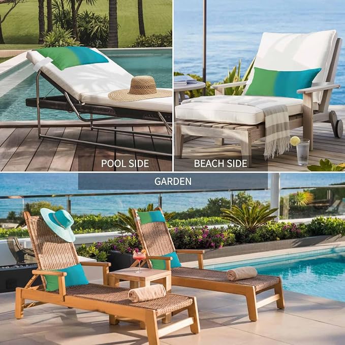 Color Ombre Striped Chaise Lounge Head Pillow, Minimalist Green Teal Blue Gradient Modern Water&Stain Proof Outdoor Chair Pillow with Strap&Insert for Garden Beach Pool Recliner, 12"x20", 2 PCS