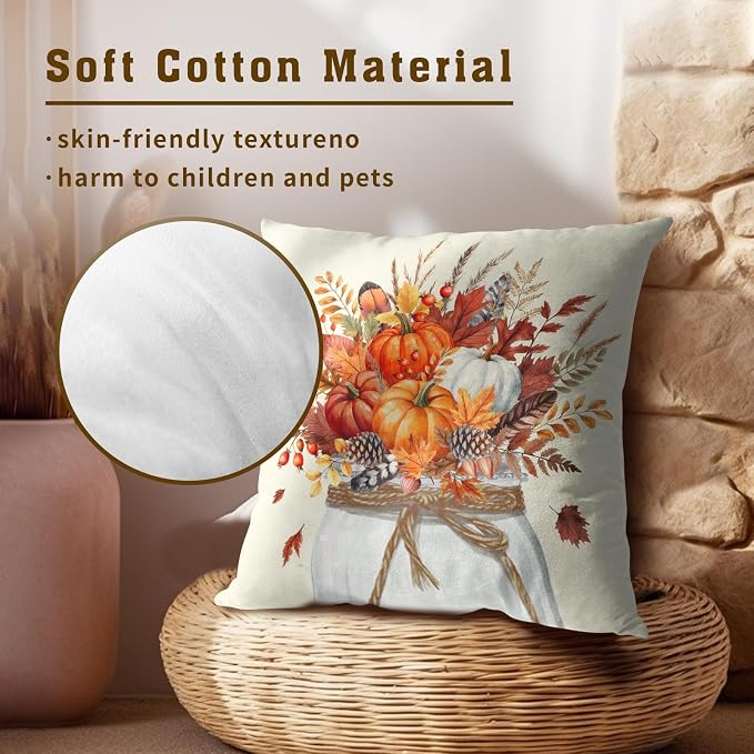 Vintage Pumpkin Throw Pillow Covers 18x18 Inch Set of 2, Rustic Fall Orange Floral Vase Square Pillowcases Cotton Cushion Cover for Couch Sofa Bedroom Porch Cabin Patio Decor