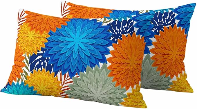Blue Sage Green Flowers Outdoor Pillow Covers Waterproof, All Weather Cushion Case Set of 2, Boho Colorful Floral Plant Lumbar Pillowcase for Sofa Couch Bed Decor Patio Furniture 20"x12"