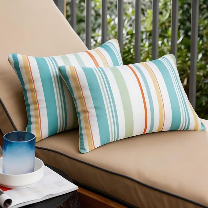 Adabana Outdoor Waterproof Pillow for Chaise Lounge Chair 2 Pack Floral Stripe Headrest Pillow Lumbar Adjustable Strap 12 x 16 Inch for Beach Poolside Patio Office Patio Garden,Stripe
