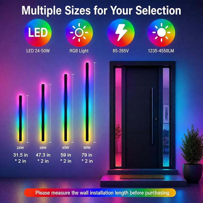 Modern Outdoor RGB Wall Lights, 2 Pack 31.5 Inch RGB Dimmable Long wall Light, Ip65 Waterproof Black Linear Exterior Wall Sconce with Remote and APP Control for House, Garage, Porch