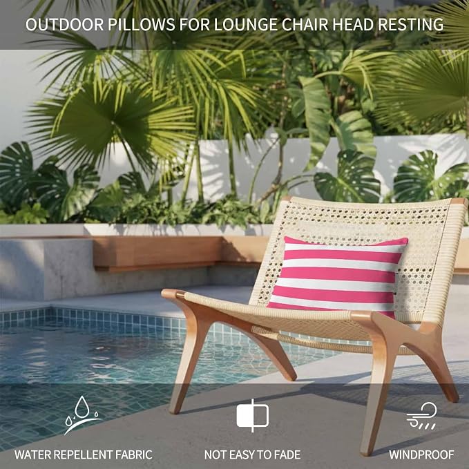 Monochrome Pink Striped Outdoor Head Pillows for Recliner Lounge Chair,Pack of 1 Waterproof Throw Pillow Cushion Cases with Insert&Elastic Strap,Modern Geometric Line Neck Pillow for Patio Beach