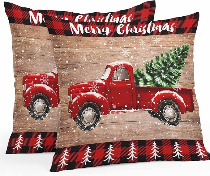 YOKOU Outdoor Throw Pillow Covers, Merry Christmas Truck Tree Vintage Board Wood Grain Buffalo Check Waterproof Pillowcases Cushion Covers Cases for Patio Couch Bench, Pack of 2 Square, 16"X16"