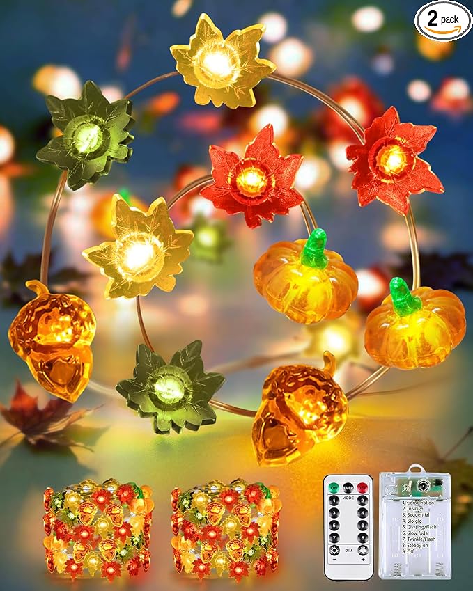 2 Pack 30 LED Fall Decorations, String Lights Battery Operated with Remote | 20FT 3D Pumpkin Acorn Maple Leaf Fairy Twinkle Lights Timer, Waterproof Outdoor Autumn Harvest, Thanksgiving, Halloween Decor