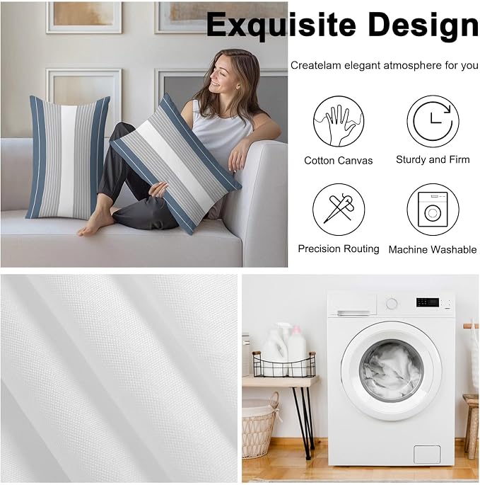 Haze Blue Grey Stripe Outdoor Pillow Covers Waterproof, All Weather Cushion Case Set of 2, Modern Art Horizontal Striped Lumbar Pillowcase for Sofa Couch Bed Decor Patio Furniture 20"x12"