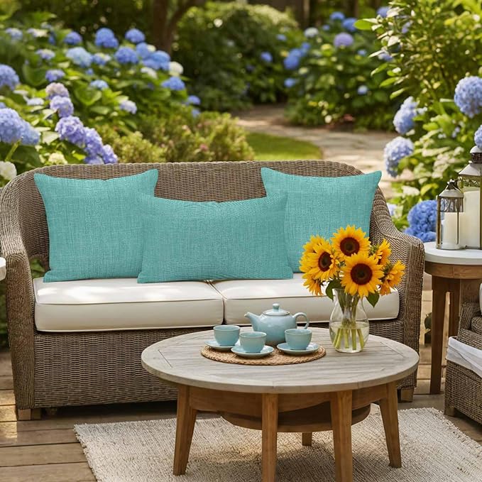 Outdoor Waterproof Throw Pillow Covers Set of 2 Turquoise Linen Lumbar Pillowcases 20x12 Inches Farmhouse Pure Color Decorative Pillows Cushion Case Patio Pillows for Couch Bed Chair Garden