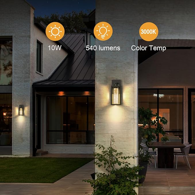 VIANIS 2 Pack Exterior Garage Lighting Fixtures Wall Mount, Modern Black Outdoor Porch Lights for House with Crystal Bubble Glass, 100% Aluminum Built-in 10W LED Outdoor Wall Sconce Lights Lantern