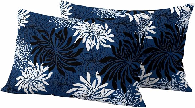 Yukro Blue Black Floral Outdoor Waterproof Pillow Covers Pack of 2, Vintage Blue White Black Flower Decorative Throw Pillowcases Cushion Covers for Garden Patio Tent Sofa Couch, 20x12 inch