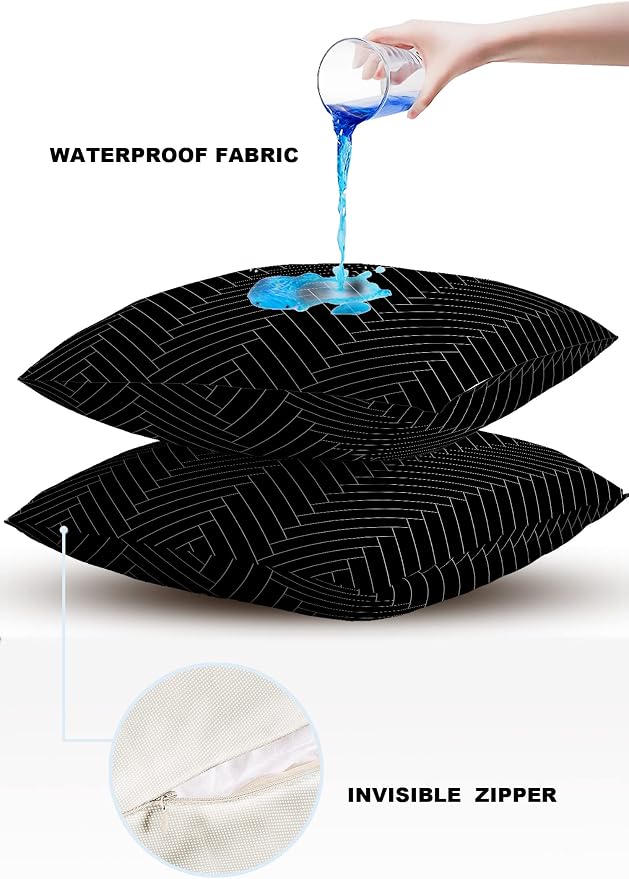 Outdoor Pillows 26x26 Waterproof Outdoor Pillow Covers, Modern Polyester Throw Pillow Covers Garden Cushion Decorative Case for Patio Couch Decoration Set of 2, Black Stripe Herringbone
