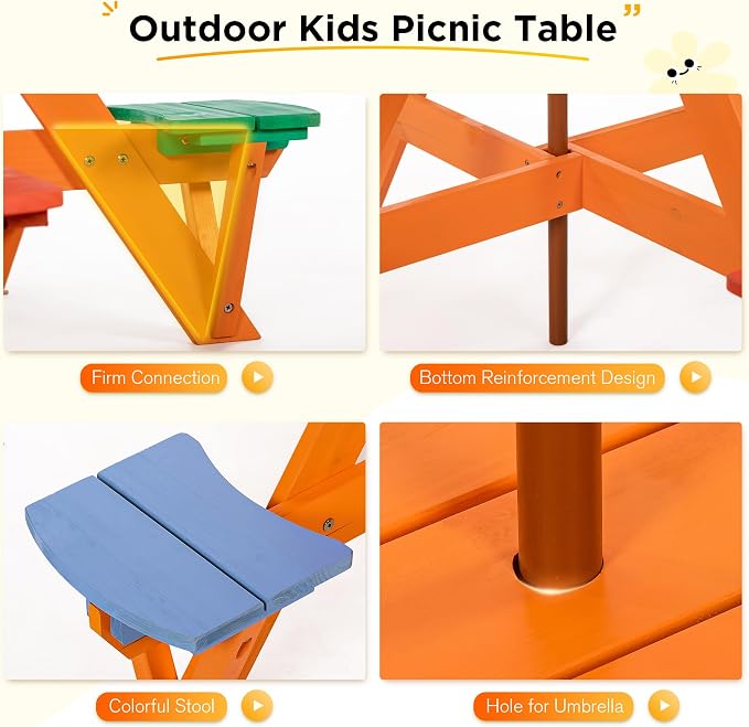 BRINJOY Kids Picnic Table & Stool Set, Outdoor Wood Round Table & 4 Bench, Toddler Picnic Table Set w/Height Adjustable Umbrella, Children Activity Table w/Cup Holders for Patio, Garden, Backyard