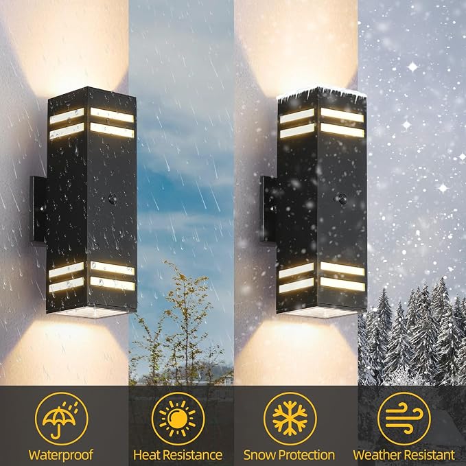 SHIMR Motion Sensor Outdoor Wall Lights, Modern Sconce, ETL Listed, 2 Pack | Dusk to Dawn Outdoor Lighting, Up and Down, Black Aluminum Exterior Light Fixture for Porch Garage Patio, LED Bulbs Included