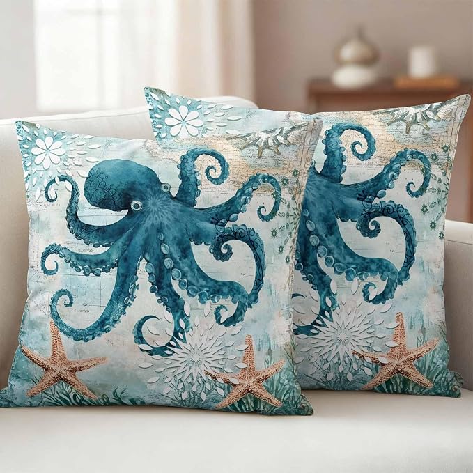 Ocean Creature Outdoor Waterproof Throw Pillow Covers Set of 2, 26"x26", Eight Pawfish Corals Sea Stars Decorative Pillow Covers Outside Cushion Case for Patio Porch Garden