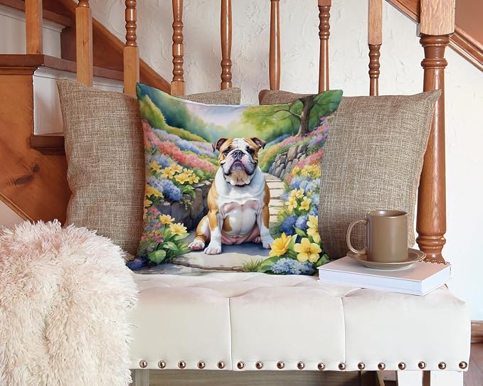 Caroline's Treasures English Bulldog Spring Path Throw Pillow Machine Washable, Indoor Outdoor Decorative Pillow for Couch, Bed or Patio, 14Hx14W