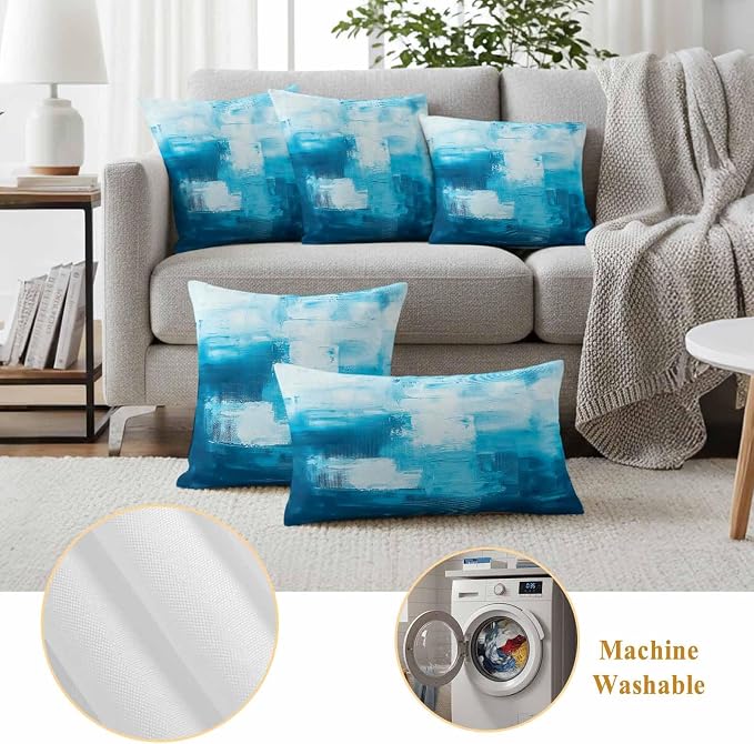 Blue Outdoor Waterproof Throw Pillow Covers Set of 2, 18"x18", Abstract Oil Painting Decorative Pillow Covers Outside Cushion Case for Patio Porch Garden