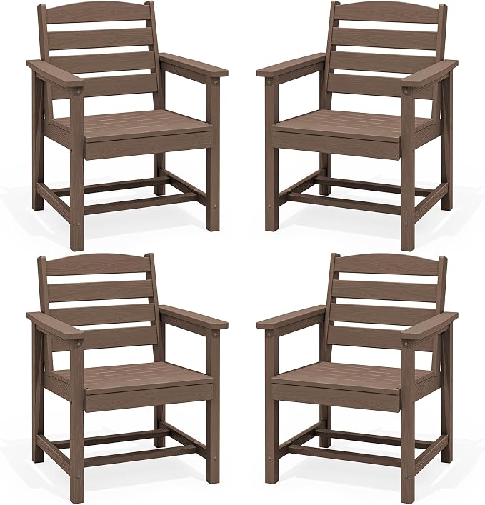 SERWALL Outdoor Dining Chairs Set of 4, All-Weather HDPE Patio Chair with 19.7" Widened Seat, for Backyard, Garden, Brown