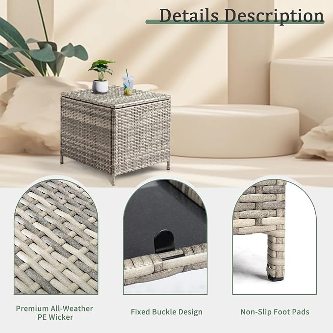 VINGLI Outdoor Side Table with Storage, 27-Gallon Patio Deck Box Outdoor Wicker Side Table for Poolside Balcony Storage Table (Grey, Square)