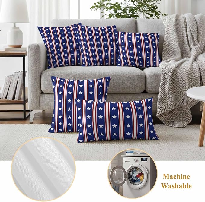 Blue Red Outdoor Pillow Covers 20"x20" Set of 2, Waterproof Throw Pillow Covers for Patio Furniture, Stripes Patirotic Star Independence Day Decorative Cushion Covers for Porch