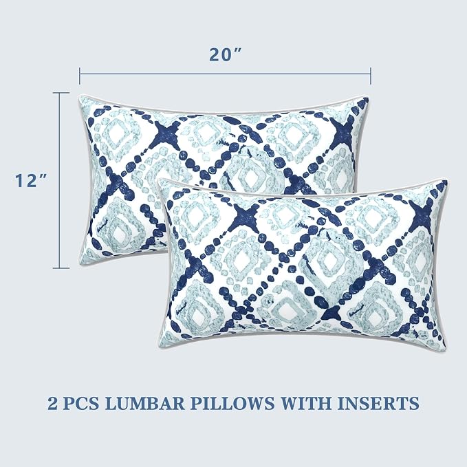 LVTXIII 2 Pack Outdoor Lumbar Pillows 12x20 Inch with White Piping, Fade Resistant Support Throw Pillows with Inserts for Patio Furniture, Sofa, Chair, Boho Geometry Blue