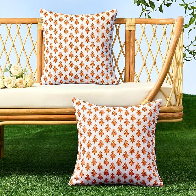 Outdoor Pillow Covers 18x18 Set of 2 Boho Orange Floral Accent Print Decorative Throw Pillow Cases for Outdoor Waterproof Patio Furniture Garden Porch Sofa Bed Cushion Covers Home Decor JB005-I18