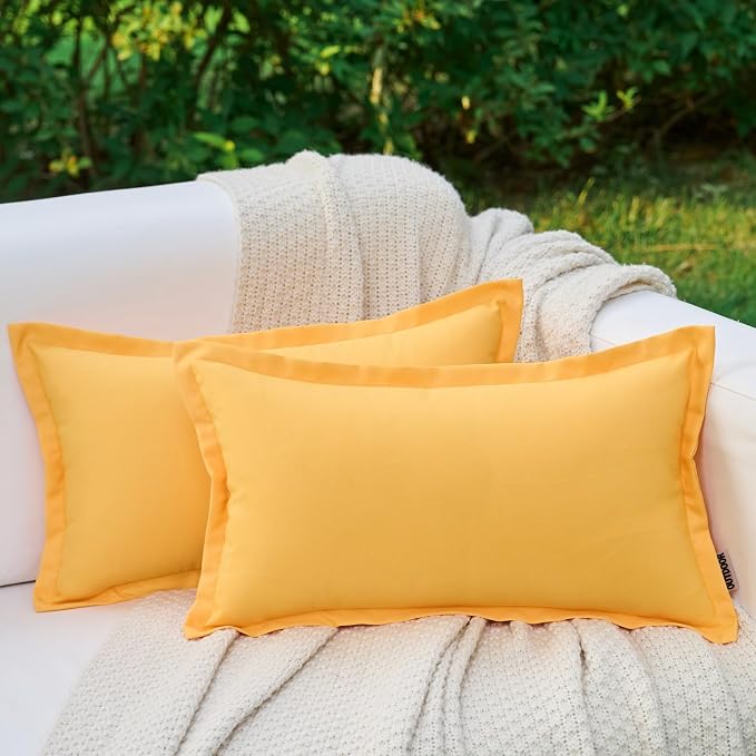 LIGICKY Yellow Outdoor Lumbar Pillows Waterproof Pillow Covers 12x20 Inch Pack of 2 Decorative Rectangle Solid Color Pillows with Wide Edge Cushion Cover for Patio Tent Garden Couch Balcony