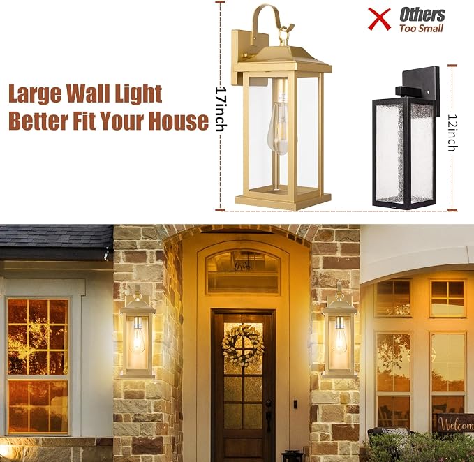 17 Inch Large Gold Outdoor Sconces Wall Lighting 2-Pack | ETL Listed Outside Wall Mounted Lamps Brass, Porch Lights Exterior Light Fixtures, IP65 Waterproof Anti-Rust
