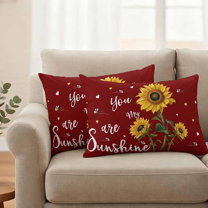 You Are My Sunshine Outdoor Pillow Covers Set of 2 Vintage Country Yellow Sunflower Floral Bees Heart Red Waterproof Throw Pillow Cover Decorative Cushion Cases for Patio Porch Garden 20X12 Inch