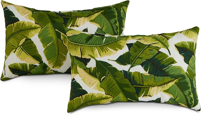 Set of 2 Outdoor Throw Pillows 19 x 12 Inch – Reversible Rectangle Patio Accent Pillows – Weather-Resistant Polyester Fabric – Eco-Friendly Recycled Polyfiber Fill – Palm Leaves White