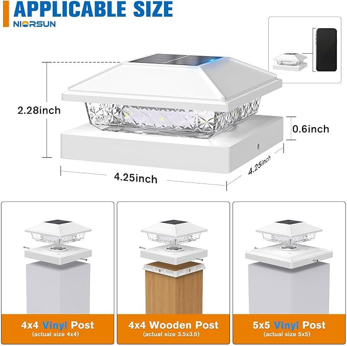 Solar Post Cap Lights,4x4 Post Solar Light,Cool White,24 Pack White | Fence Post Solar Lights for 4x4 Post Caps Wood Vinyl &5x5 Vinyl Post,IP64 Waterproof Solar Post Lights Outdoor for Deck