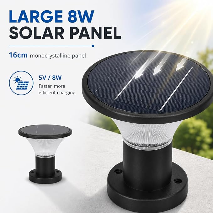 Solar Post Cap Lights, 4400mAh Solar Post Lights Outdoor with 5V 8W Round Mono Panel, 3 Color Modes, IP65 Waterproof Aluminum Fence Post Solar Lights for Garden Patio Deck Driveway, Fit Most Posts