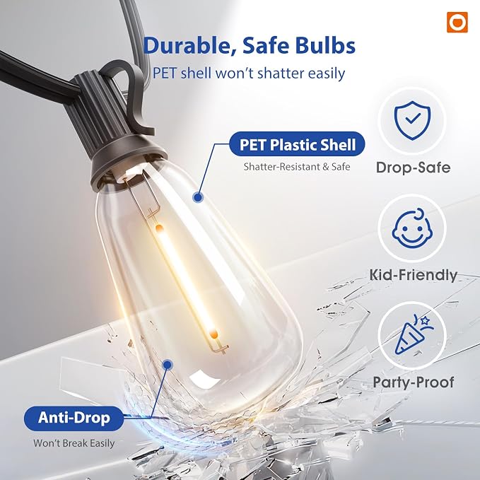 addlon 50FT Outdoor String Lights ST38 LED with Remote Waterproof Dimmable | Shatterproof Replaceable Bulbs, Connectable Hanging Strand for Porch Backyard Patio Garden Deck Outside, Timer,3 Modes