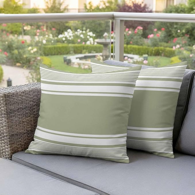 Vandarllin Outdoor Throw Pillows Covers 18x18 inch Set of 2 Waterproof Sage Green Stripes Decorative Zippered Cushion Covers for Patio Furniture, Striped Lines Lumbar Pillowcases