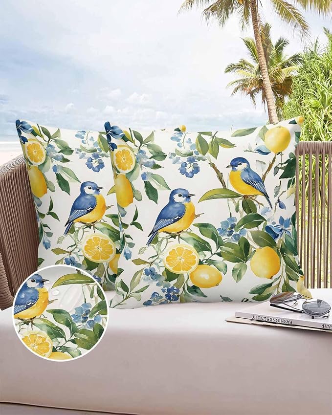 Outdoor Throw Pillow Covers Waterproof Pillow Cases 26x26In, Watercolor Lemon Bird Decorative Pillow Covers Cushion Cases for Couch Sofa Patio Garden,2 Pack Vintage Spring Blue Flower Foliage