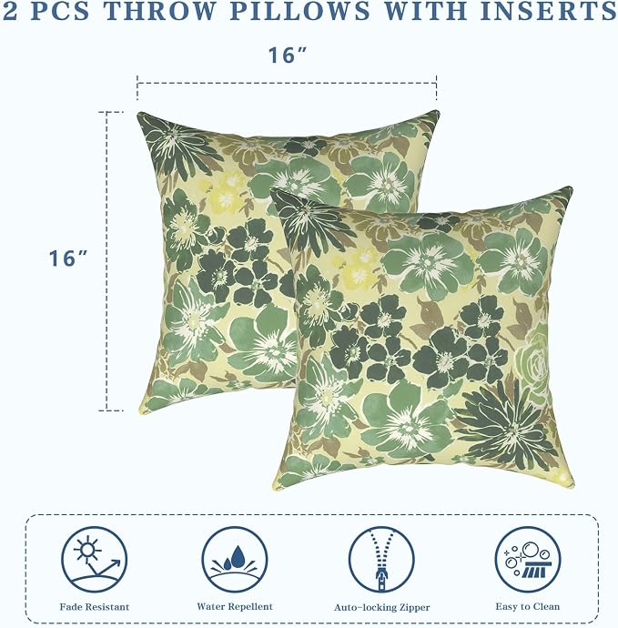 LVTXIII Outdoor Throw Pillows 16x16 Inch, Set of 2 Square Decorative Pillows with Inserts for Patio Furniture, Porch Chair, Garden Sofa, Green Rose