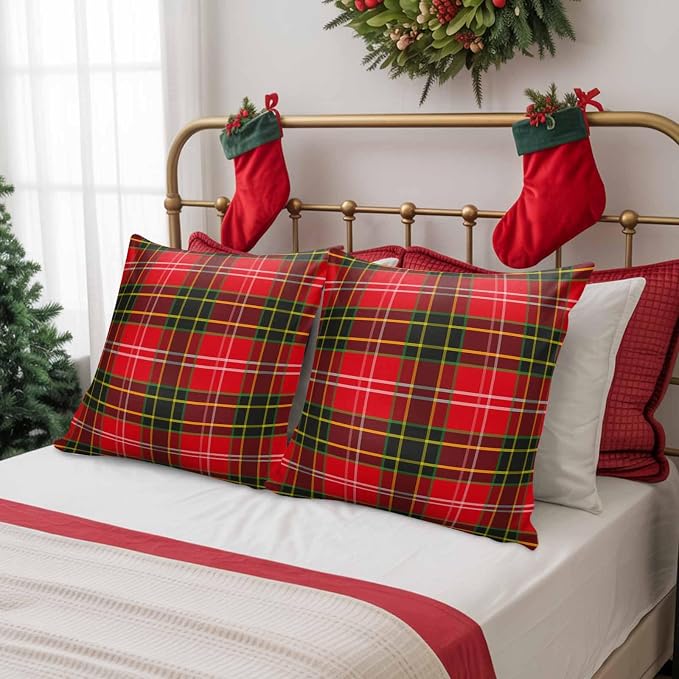 Outdoor Waterproof Throw Pillow Covers, Merry Christmas Red and Green Gingham Tartan Plaid Vintage Farmhouse Decor Pillowcases Cushion Covers Cases for Patio Couch Bench, Pack of 2 Square, 18X18 Inch