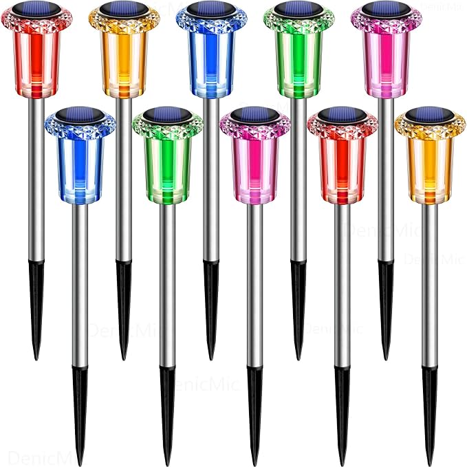 DenicMic Outdoor Solar Lights Waterproof 10 Pack Color LED Christmas Decor | Pathway Yard Garden Driveway Landscape Path Lighting - Candy Cane Style Starburst Light Pattern, Acrylic/Stainless Steel