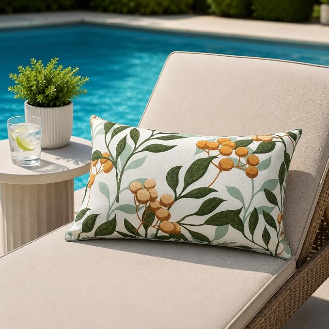 Outdoor Lumbar Pillows 12x20, 2 Pack with Inserts, Botanical | 2-Pack 12x20 Outdoor Lumbar Pillows with Inserts, Water-Repellent Covers, Hidden Zippers, Plump Comfort for Patio & Sofa
