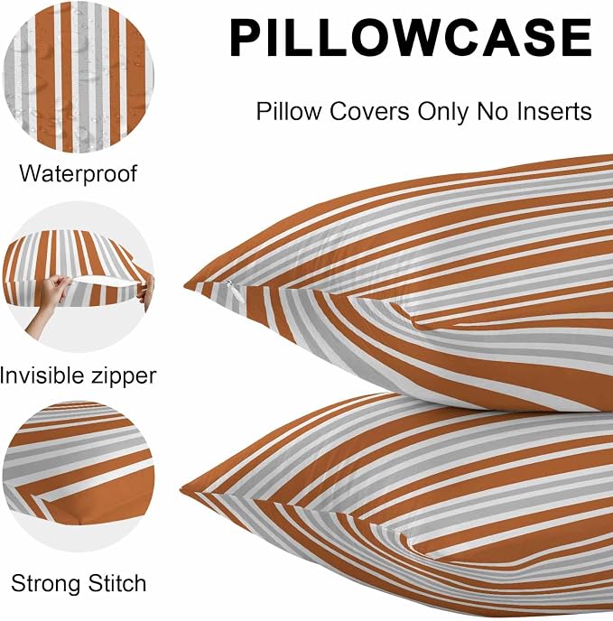 Burnt Orange Grey Stripe Outdoor Pillow Covers 20x20 Inch Throw Pillow Covers Set of 2 Waterproof Decorative Pillow Cases Farmhouse Minimalist Striped Cushion Covers for Patio Furniture Garden Couch