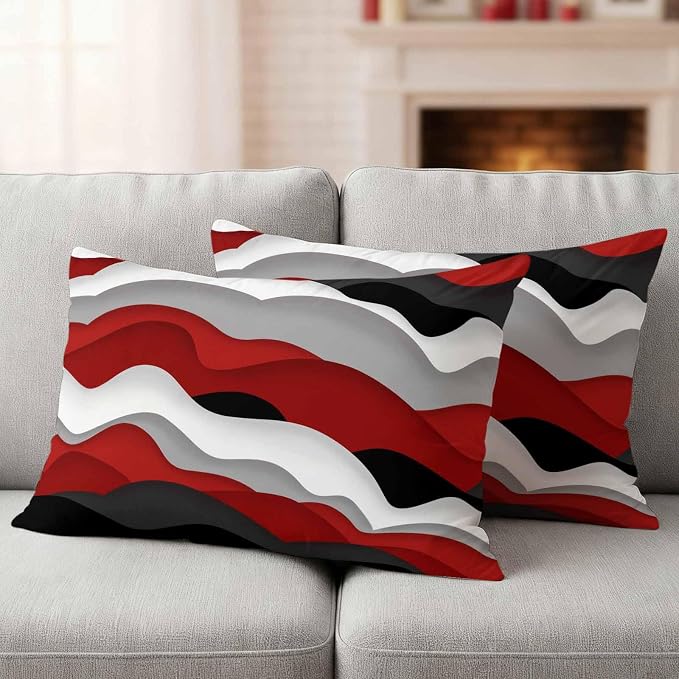 Ocean Waves Outdoor Waterproof Throw Pillow Covers Set of 2, 20"x12", Black Red Wave Gradient Decorative Pillow Covers Outside Cushion Case for Patio Porch Garden