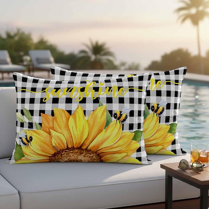 Farm Outdoor Pillow Covers Set of 2,Watercolor Sunflowers Honeybee Decorative Waterproof Throw Pillowcase Yellow Flower Black White Plaid Cotton Linen Soft Cozy Cushion Cover Pillowsham 20x12In