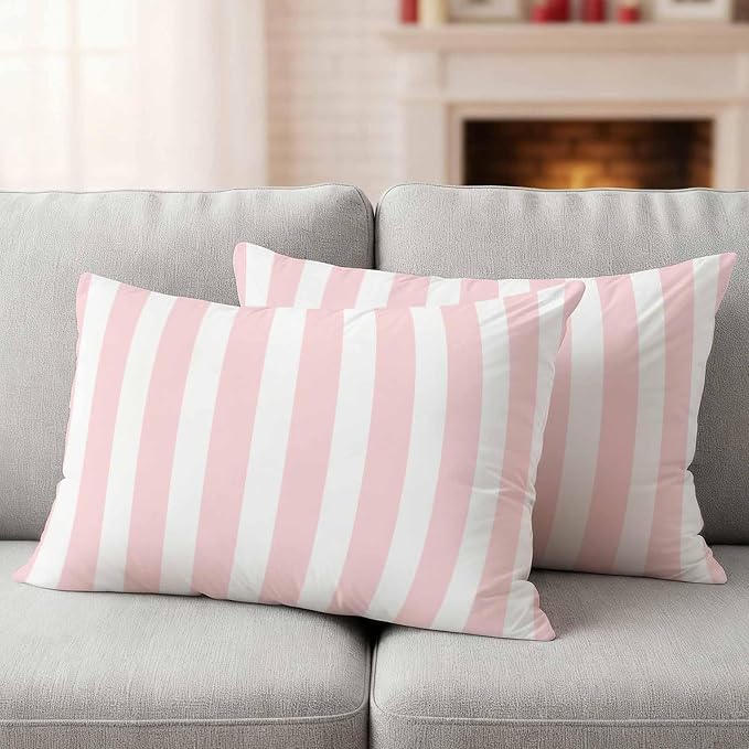 Pink Striped Outdoor Waterproof Throw Pillow Covers 20x12 Set of 2, Modern Farmhouse Pink White Stripes Decorative Pillowcases Cushion Pillowcase for Couch Sofa Patio Outside Pillow Protector