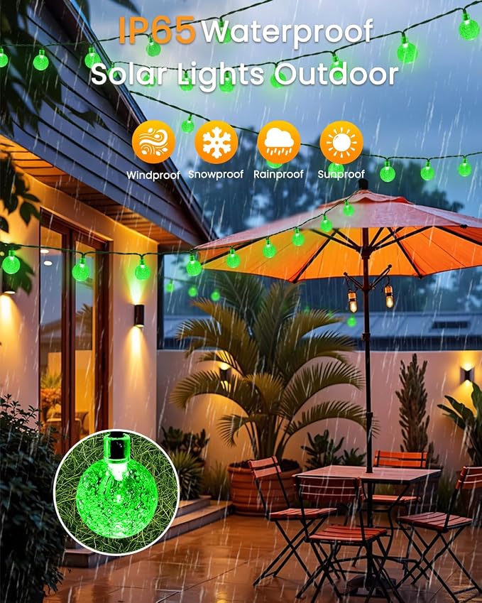 LORRYTE Solar String Lights Outdoor 2 Pack 64FT 100 LED Green Patio Lights | Crystal Globe, IP65 Waterproof, Auto On/Off, 8 Modes Solar Powered Light for Outside Halloween Party Garden Yard Decorations