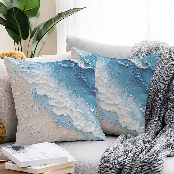 Summer Beach Theme Outdoor Pillow Covers 16x16in Pack of 2 Waterproof Pillowcase Watercolor Blue Ocean Wave Decorative Throw Cushion Case for Patio Couch Sofa