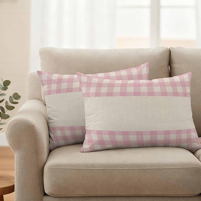 Retro Pink Outdoor Waterproof Pillow Covers, Farmhouse Buffalo Plaid Vintage Beige Decorative Rectangle Throw Pillowcase Sofa Cushion Sham for Patio/Couch/Chair, 20"x12" 2 Pack