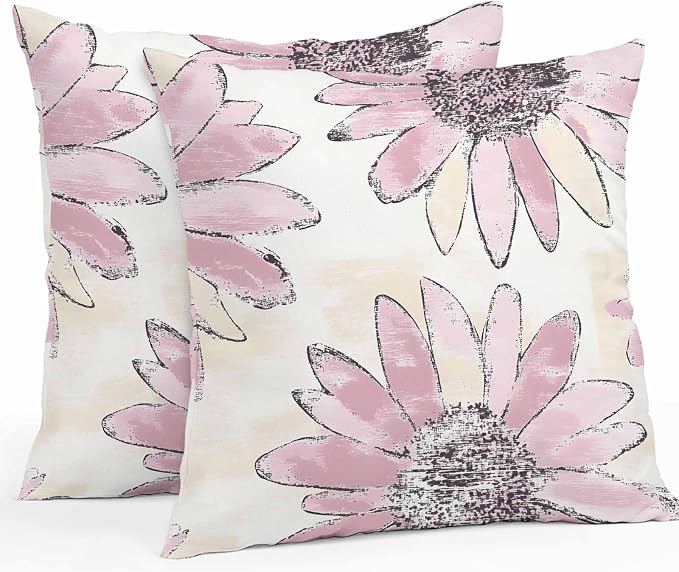 Vandarllin Outdoor Throw Pillows Covers 26x26 inch Set of 2 Waterproof Pink Sunflower Decorative Zippered Cushion Covers for Patio Furniture, Flower Field Lumbar Pillowcases