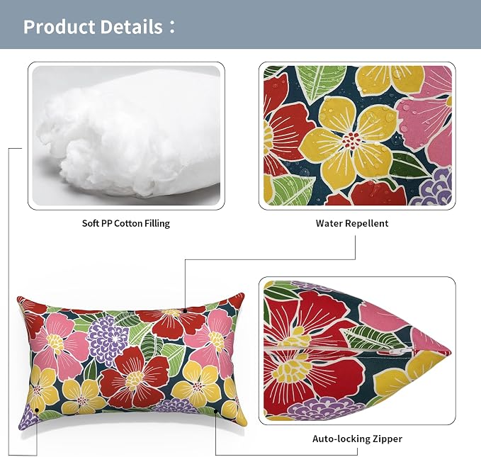 Outdoor Lumbar Pillows with Insert 12x20 Inch, Waterproof Throw Pillow for Patio Furniture, Decorative Lumbar Cushions for Garden Home Sofa Office Chair, Set of 2, Flower Bloom