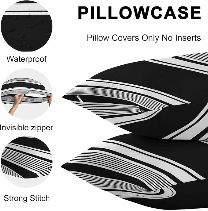 Vandarllin Outdoor Throw Pillows Covers 26x26 inch Set of 2 Waterproof Black Stripes Decorative Zippered Cushion Covers for Patio Furniture, Striped Lines Lumbar Pillowcases